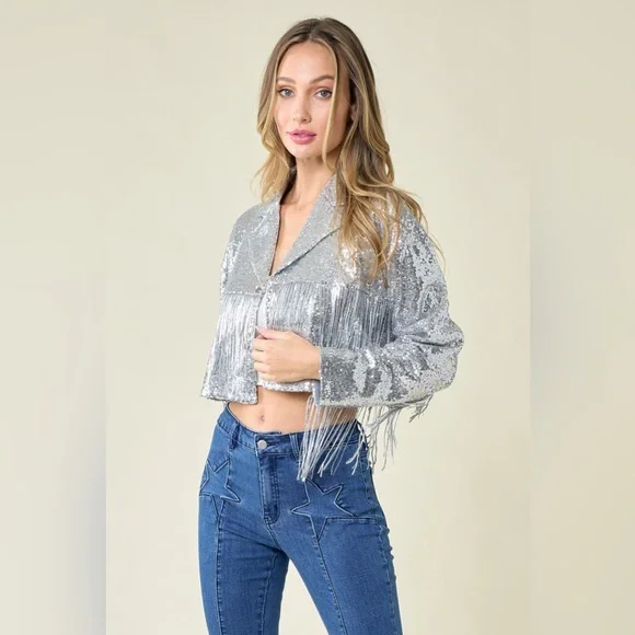 61B. Fringe Sequin Crop Jacket - Silver